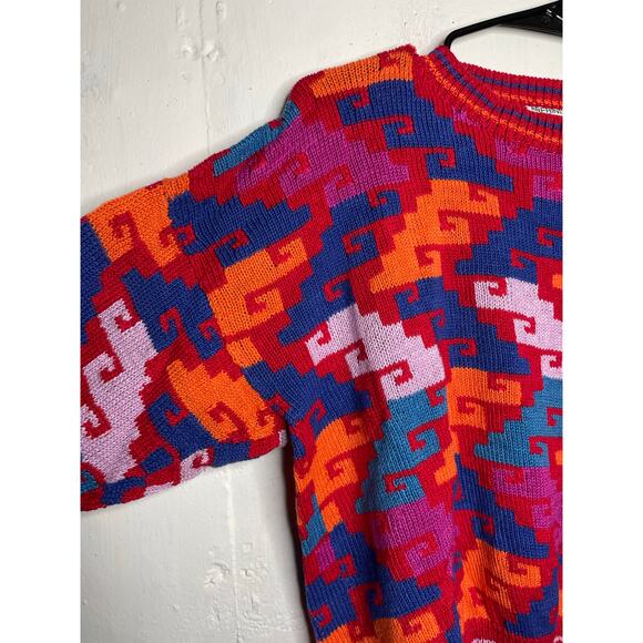 Vintage Amerindia Handmade in Bolivia Knit Sweater Red Pink Blue Orange Size L - Picture 4 of 7